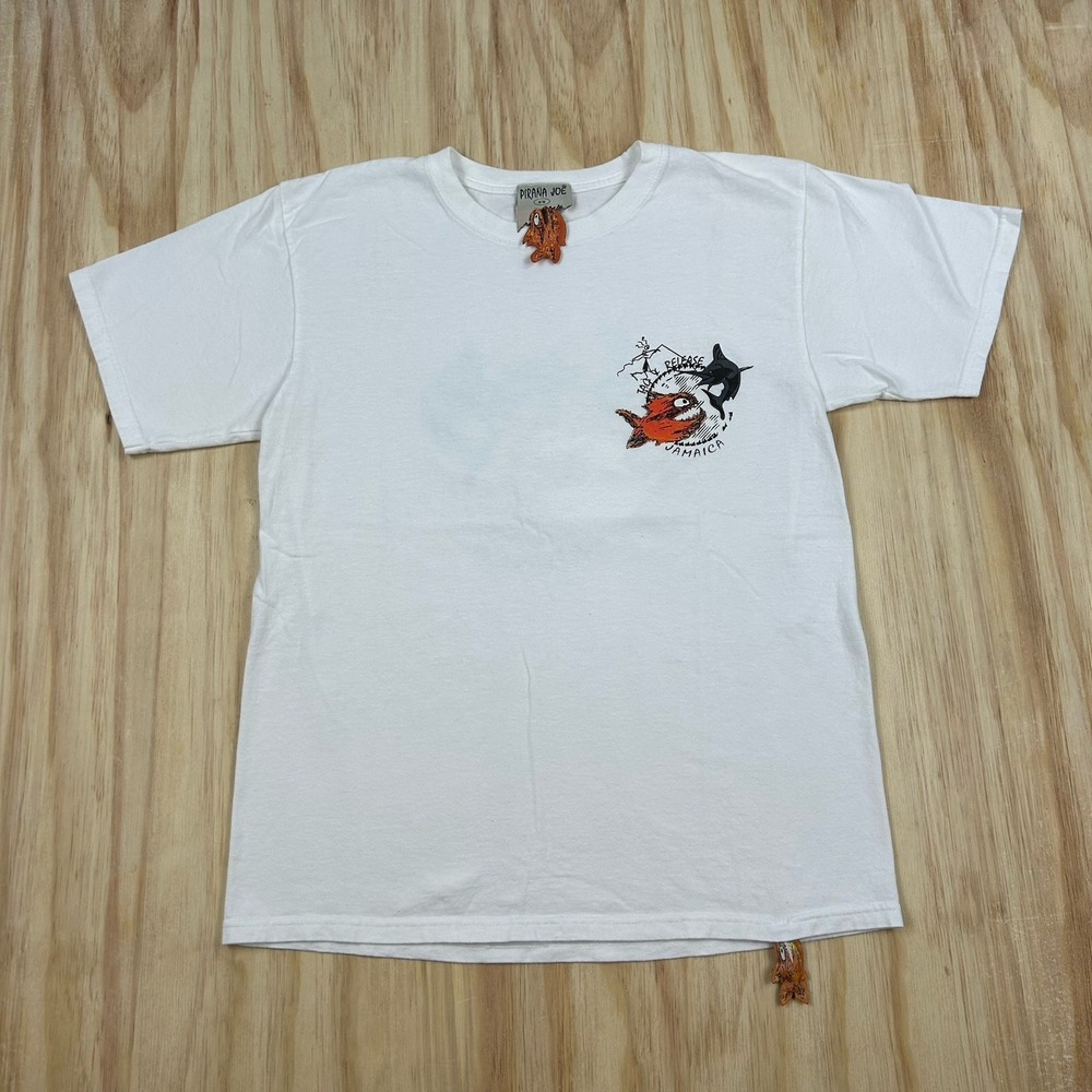 Pirana Joe Tag and Release Jamaica White Short Sleeve Fishing T Shirt Med